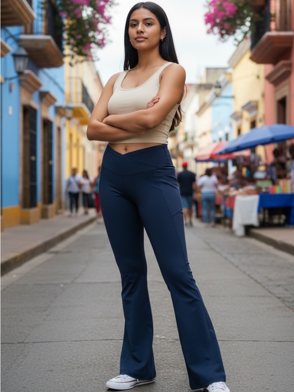 Women’s Navy Flare - Comfortable High-Waist Activewear Cropped Slit Flare Pant.